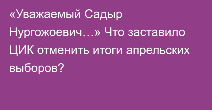 «Уважаемый Садыр Нургожоевич…» Что заставило ЦИК отменить итоги апрельских выборов?