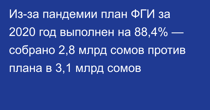 Из-за пандемии план ФГИ за 2020 год выполнен на 88,4% — собрано 2,8 млрд сомов против плана в 3,1 млрд сомов