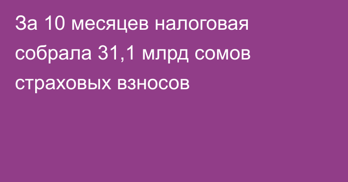 За 10 месяцев налоговая собрала 31,1 млрд сомов страховых взносов