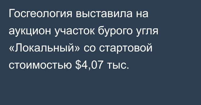 Госгеология выставила на аукцион участок бурого угля «Локальный» со стартовой стоимостью $4,07 тыс.