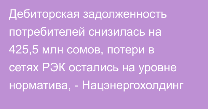 Дебиторская задолженность потребителей снизилась на 425,5 млн сомов, потери в сетях РЭК остались на уровне норматива, - Нацэнергохолдинг