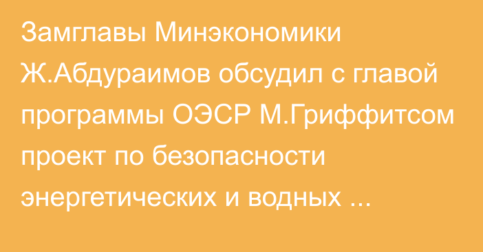 Замглавы Минэкономики Ж.Абдураимов обсудил с главой  программы ОЭСР М.Гриффитсом проект по безопасности энергетических и водных ресурсов в ЦА