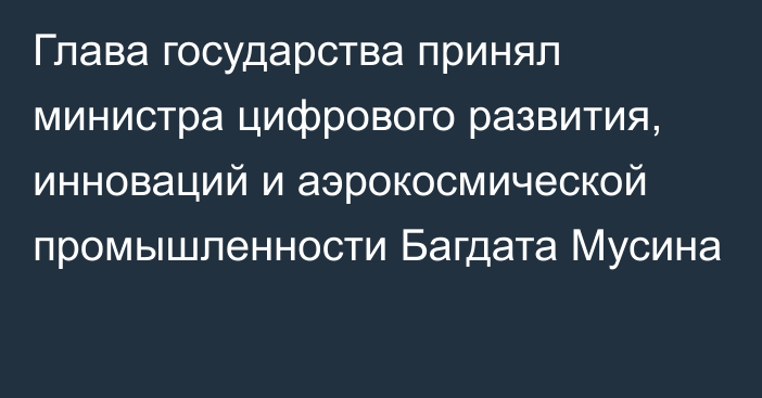 Глава государства принял министра цифрового развития, инноваций и аэрокосмической промышленности Багдата Мусина