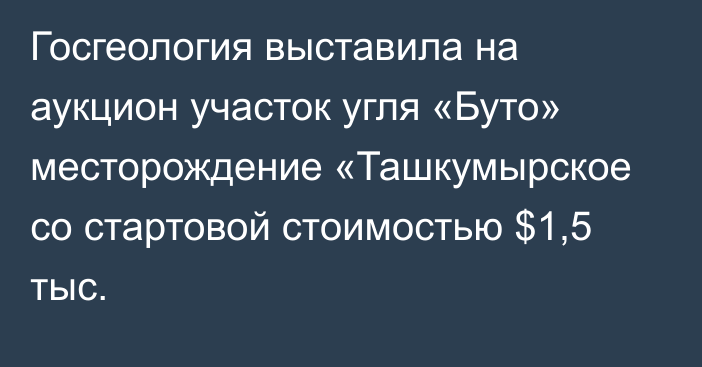 Госгеология выставила на аукцион участок угля «Буто» месторождение «Ташкумырское со стартовой стоимостью $1,5 тыс.