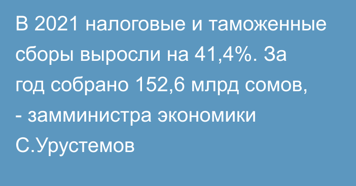 В 2021 налоговые и таможенные сборы выросли на 41,4%. За год собрано 152,6 млрд сомов, - замминистра экономики С.Урустемов