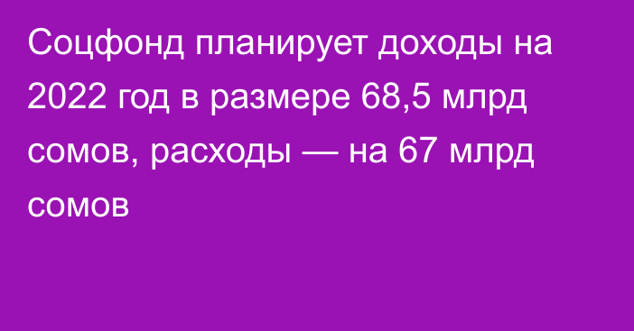 Соцфонд планирует доходы на 2022 год в размере 68,5 млрд сомов, расходы — на 67 млрд сомов