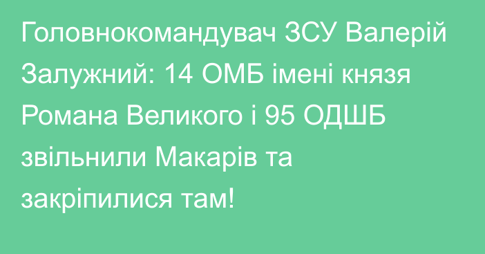 Головнокомандувач ЗСУ Валерій Залужний: 14 ОМБ імені князя Романа Великого і 95 ОДШБ звільнили Макарів та закріпилися там!