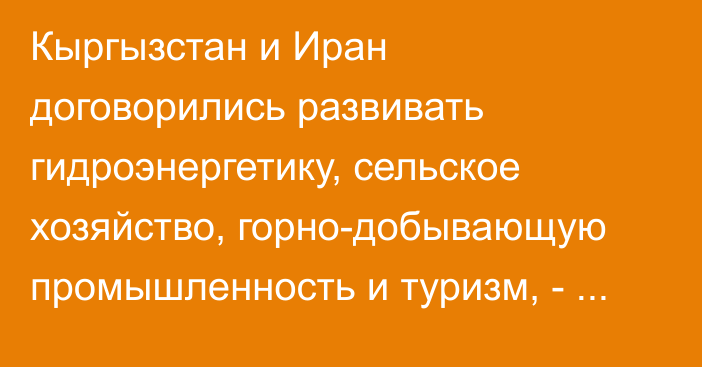 Кыргызстан и Иран договорились развивать гидроэнергетику, сельское хозяйство, горно-добывающую промышленность и туризм, - МИД