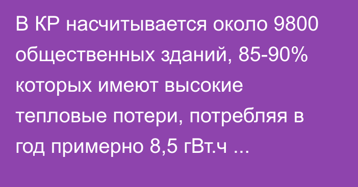 В КР насчитывается около 9800 общественных зданий, 85-90% которых имеют высокие тепловые потери, потребляя в год примерно 8,5 гВт.ч энергии, - Минэкономики