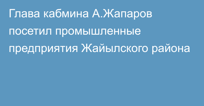 Глава кабмина А.Жапаров посетил промышленные предприятия Жайылского района