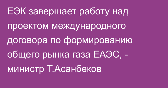 ЕЭК завершает работу над проектом международного договора по формированию общего рынка газа ЕАЭС, - министр Т.Асанбеков