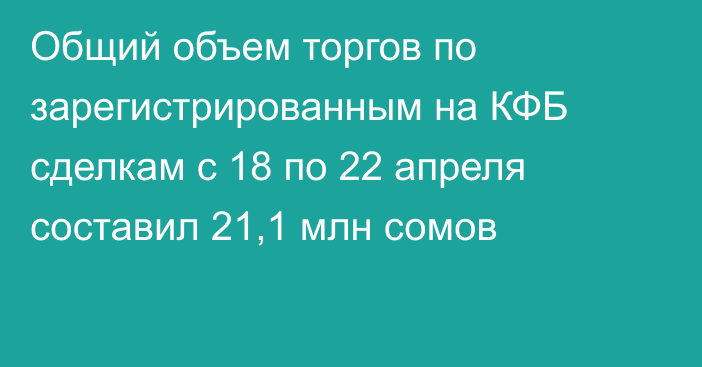 Общий объем торгов по зарегистрированным на КФБ сделкам с 18 по 22 апреля составил 21,1 млн сомов