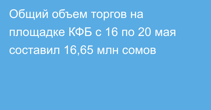 Общий объем торгов на площадке КФБ с 16 по 20 мая составил 16,65 млн сомов