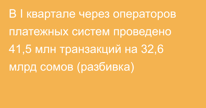 В I квартале через операторов платежных систем проведено 41,5 млн транзакций на 32,6 млрд сомов (разбивка)