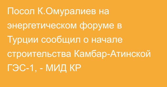 Посол К.Омуралиев на энергетическом форуме в Турции сообщил о начале строительства Камбар-Атинской ГЭС-1, - МИД КР