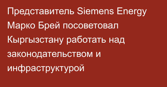 Представитель Siemens Energy Марко Брей посоветовал Кыргызстану работать над законодательством и инфраструктурой