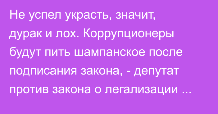 Не успел украсть, значит, дурак и лох. Коррупционеры будут пить шампанское после подписания закона, - депутат против закона о легализации имущества