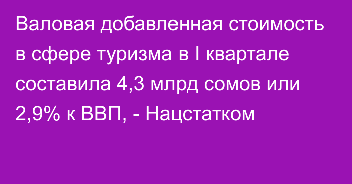 Валовая добавленная стоимость в сфере туризма в I квартале составила 4,3 млрд сомов или 2,9% к ВВП, - Нацстатком