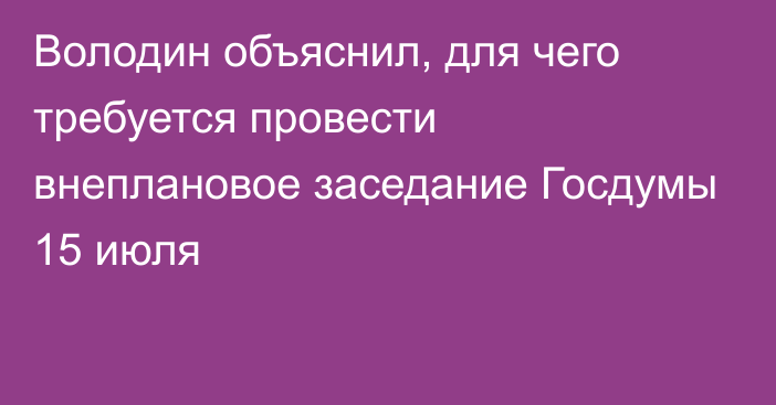 Володин объяснил, для чего требуется провести внеплановое заседание Госдумы 15 июля