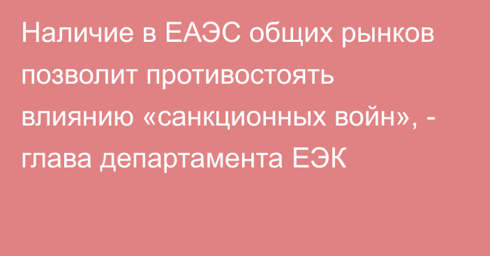 Наличие в ЕАЭС общих рынков позволит противостоять влиянию «санкционных войн», - глава департамента ЕЭК