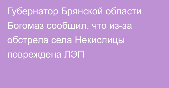 Губернатор Брянской области Богомаз сообщил, что из-за обстрела села Некислицы повреждена ЛЭП