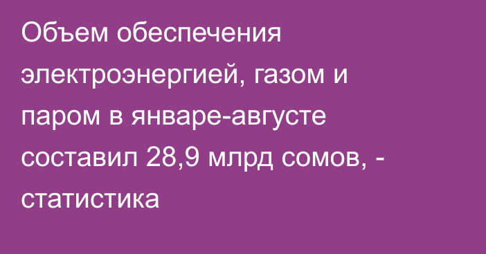 Объем обеспечения электроэнергией, газом и паром в январе-августе составил 28,9 млрд сомов, - статистика