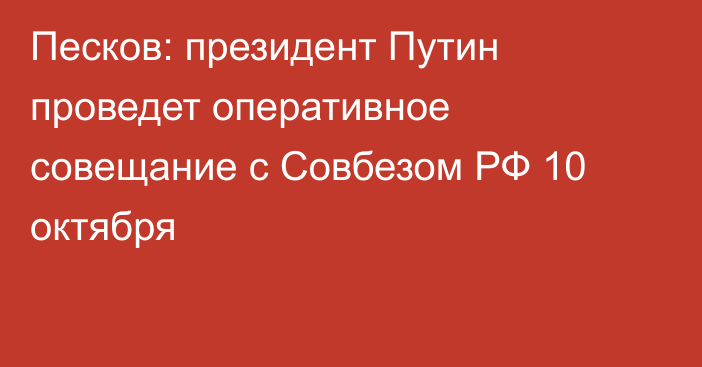 Песков: президент Путин проведет оперативное совещание с Совбезом РФ 10 октября