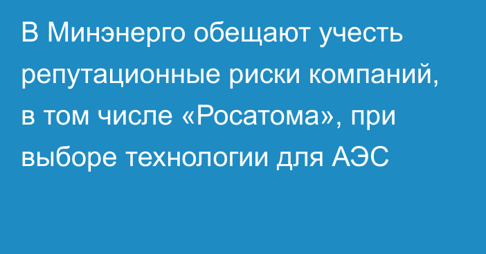 В Минэнерго обещают учесть репутационные риски компаний, в том числе «Росатома», при выборе технологии для АЭС