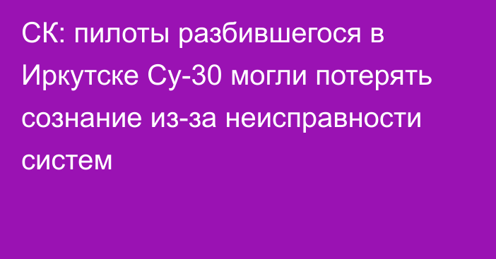 СК: пилоты разбившегося в Иркутске Су-30 могли потерять сознание из-за неисправности систем