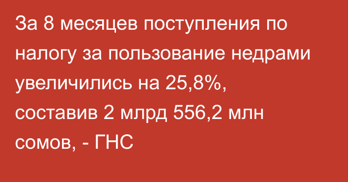 За 8 месяцев поступления по налогу за пользование недрами увеличились на 25,8%, составив  2 млрд 556,2 млн сомов, - ГНС