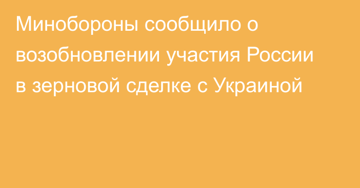 Минобороны сообщило о возобновлении участия России в зерновой сделке с Украиной