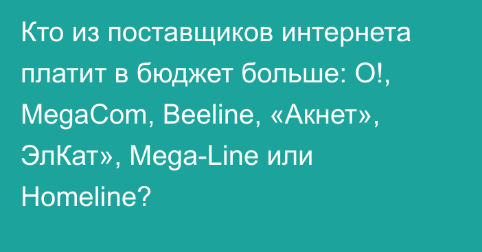 Кто из поставщиков интернета платит в бюджет больше: О!, MegaCom, Beeline, «Акнет», ЭлКат», Mega-Line или Homeline?