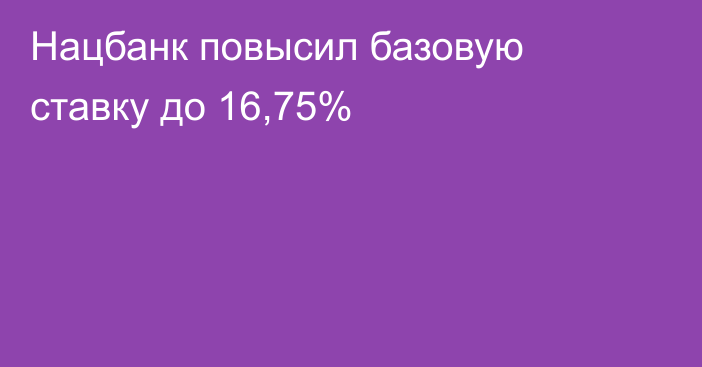 Нацбанк повысил базовую ставку до 16,75%