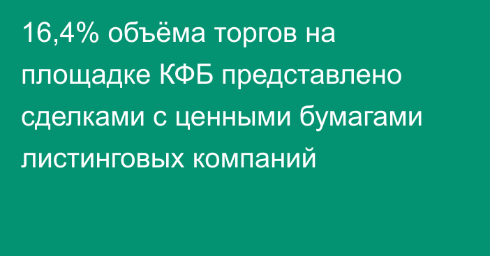 16,4% объёма торгов на площадке КФБ представлено сделками с ценными бумагами листинговых компаний