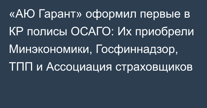 «АЮ Гарант» оформил первые в КР полисы ОСАГО: Их приобрели Минэкономики, Госфиннадзор, ТПП и Ассоциация страховщиков