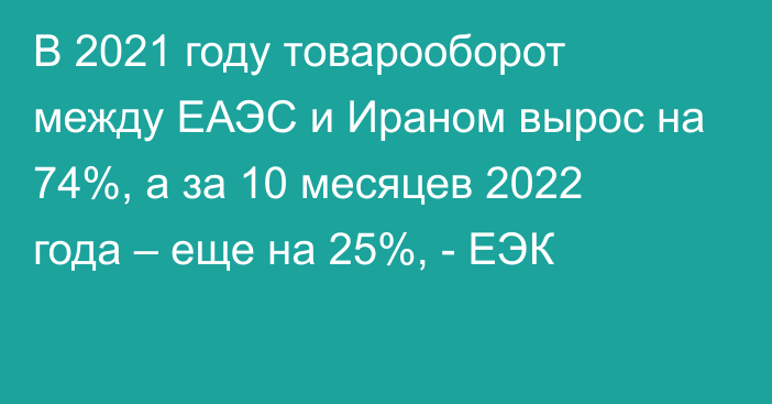 В 2021 году товарооборот между ЕАЭС и Ираном вырос на 74%, а за 10 месяцев 2022 года – еще на 25%, - ЕЭК