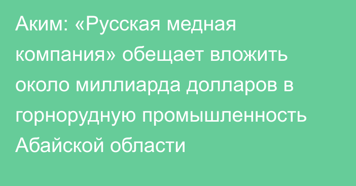 Аким: «Русская медная компания» обещает вложить около миллиарда долларов в горнорудную промышленность Абайской области