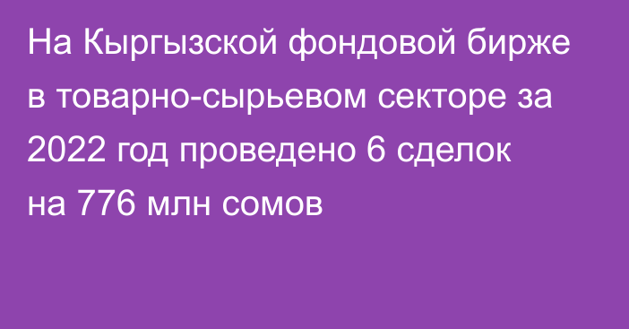 На Кыргызской фондовой бирже в товарно-сырьевом секторе за 2022 год проведено 6 сделок на 776 млн сомов