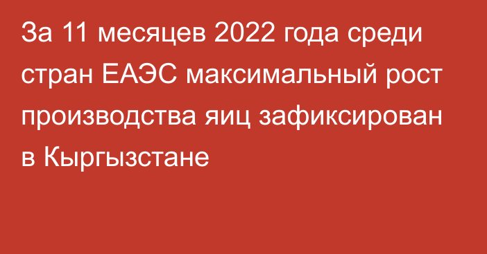 За 11 месяцев 2022 года  среди стран ЕАЭС максимальный рост производства яиц зафиксирован в Кыргызстане