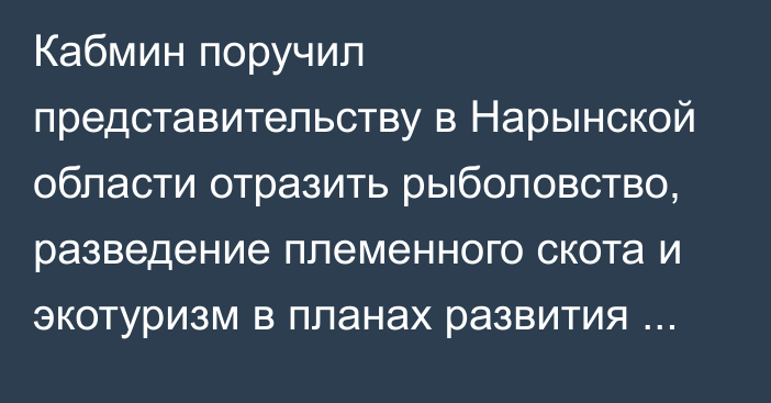 Кабмин поручил представительству в Нарынской области отразить рыболовство, разведение племенного скота и экотуризм в планах развития региона