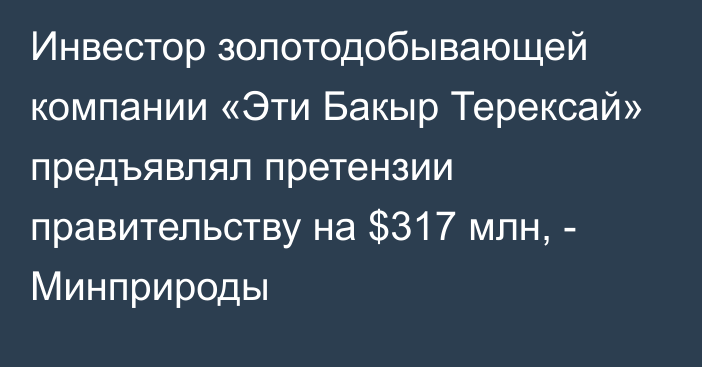 Инвестор золотодобывающей компании «Эти Бакыр Терексай» предъявлял претензии правительству на $317 млн, - Минприроды