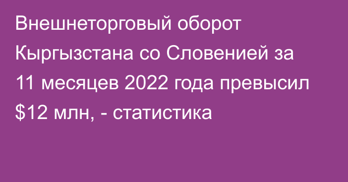 Внешнеторговый оборот Кыргызстана со Словенией за 11 месяцев 2022 года превысил $12 млн, - статистика