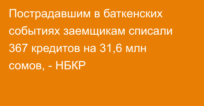 Пострадавшим в баткенских событиях заемщикам списали 367 кредитов на 31,6 млн сомов, - НБКР