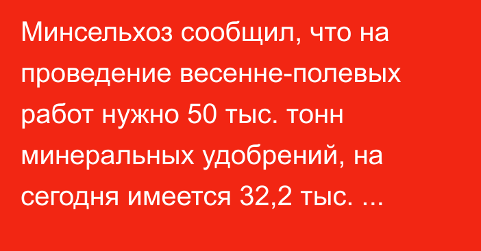 Минсельхоз сообщил, что на проведение весенне-полевых работ нужно 50 тыс. тонн минеральных удобрений, на сегодня имеется 32,2 тыс. тонны