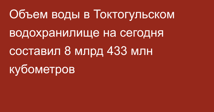 Объем воды в Токтогульском водохранилище на сегодня составил 8 млрд 433 млн кубометров