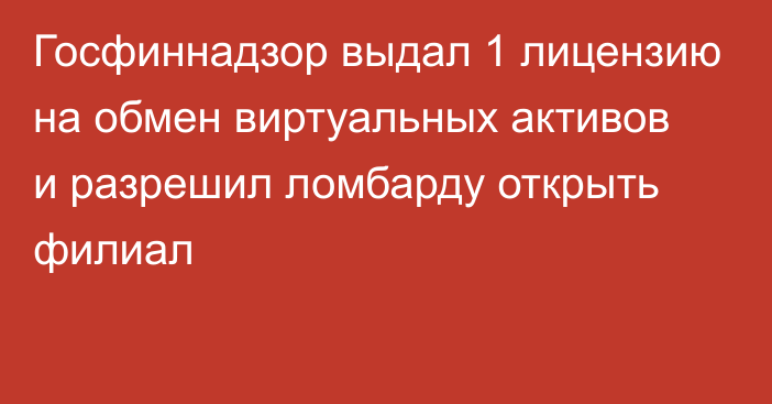 Госфиннадзор выдал 1 лицензию на обмен виртуальных активов и разрешил ломбарду открыть филиал