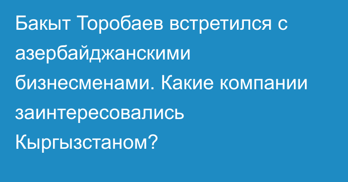 Бакыт Торобаев встретился с азербайджанскими бизнесменами. Какие компании заинтересовались Кыргызстаном?