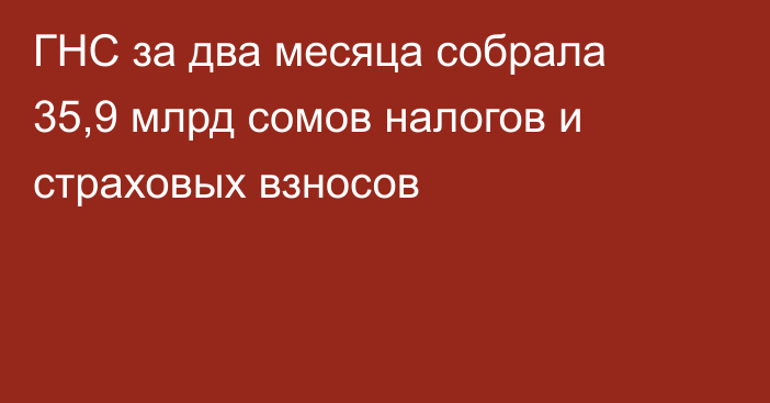 ГНС за два месяца собрала 35,9 млрд сомов налогов и страховых взносов 