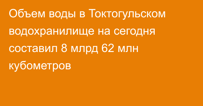 Объем воды в Токтогульском водохранилище на сегодня составил 8 млрд 62 млн кубометров