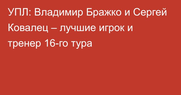 УПЛ: Владимир Бражко и Сергей Ковалец – лучшие игрок и тренер 16-го тура